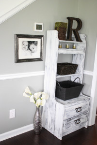 chalk painted and distressed shoe storage