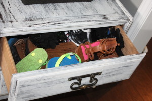 chalk painted and distressed shoe storage