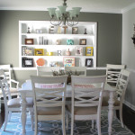 Renovated dining room with white painted built in shelves