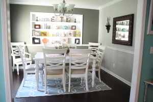 dining room makeover with white painted built in shelves