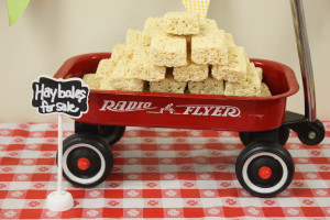 Barnyard birthday party wagon with rice krispy treats as hay bales