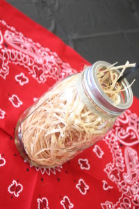 Barnyard birthday party. Mason jar filled with raffia.