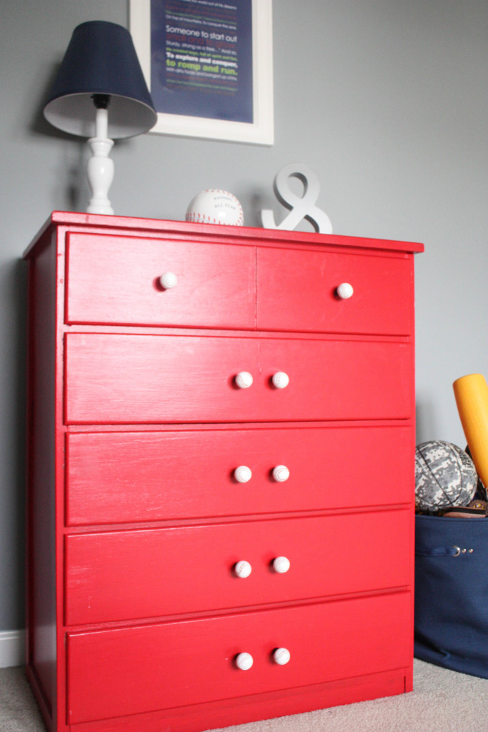 Little Boy's Americana Bedroom. Red chest with baseball knobs.