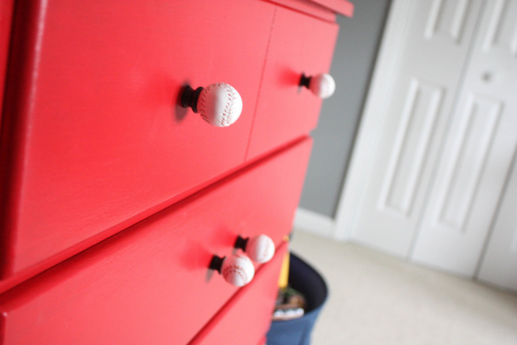 Little Boy's Americana Bedroom. Red chest with baseball knobs.