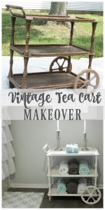 Old $10 run down tea cart got a big time makeover, and it looks AMAZING! I love how she used it in her bathroom! See the post for all of the details.