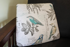 Free auction chair gets revived~seat cushion recovered in beautiful bird pattern