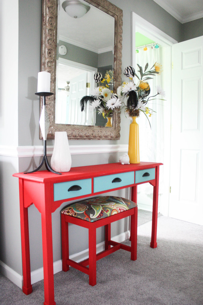 Chalk painted console table and upholstered bench