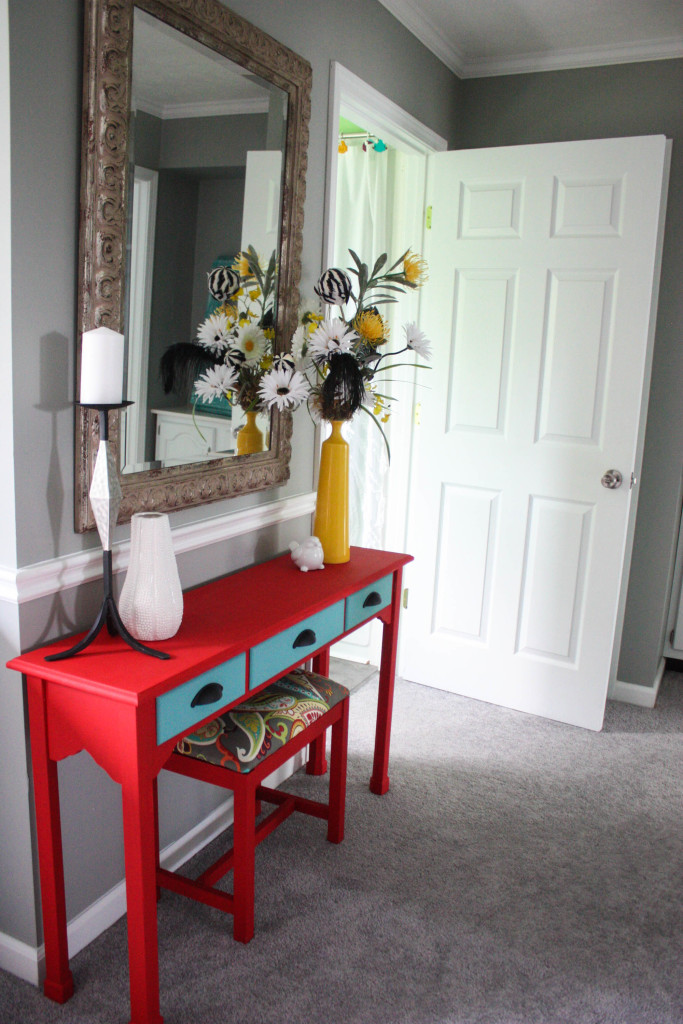 chalk painted console table and upholstered bench