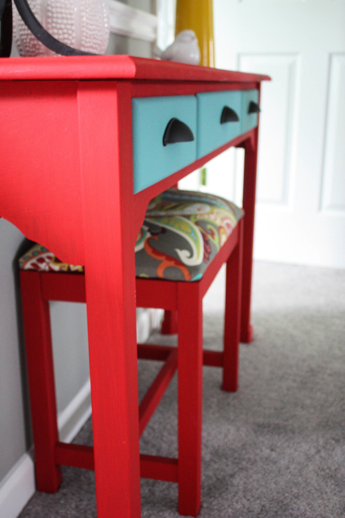 chalk painted console table and upholstered bench