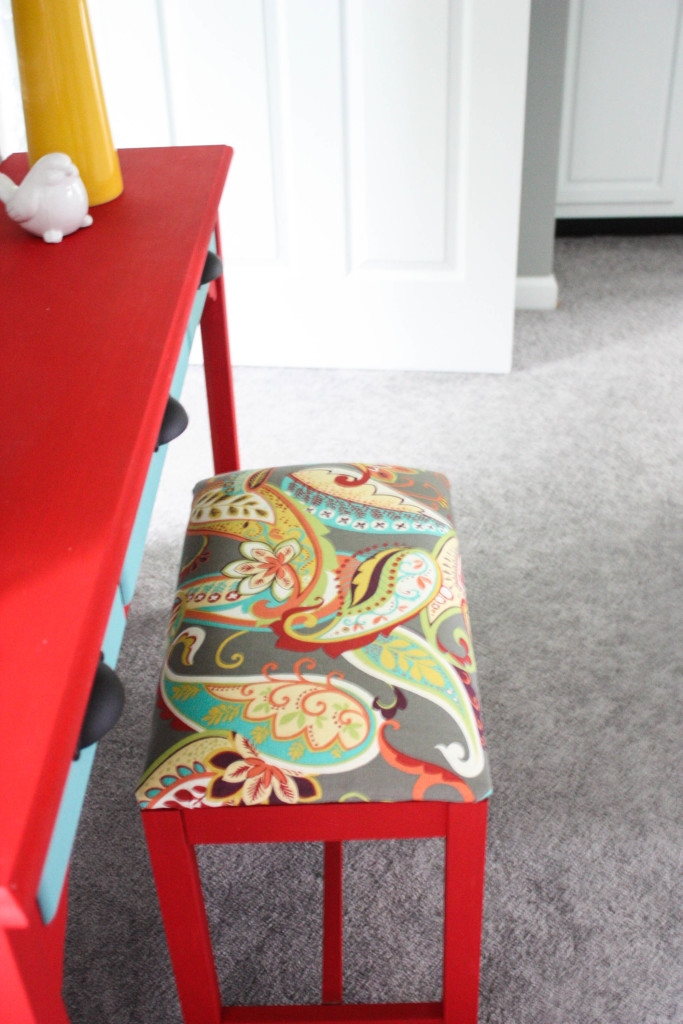 chalk painted console table and upholstered bench