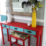 Chalk painted console table and upholstered bench
