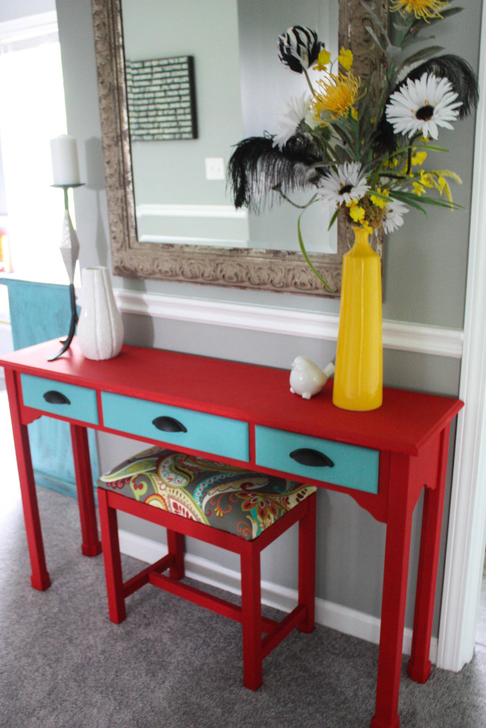 Chalk painted console table and upholstered bench