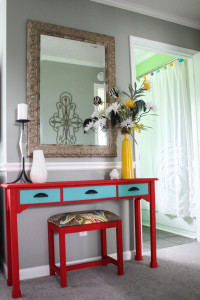 chalk painted console table and upholstered bench