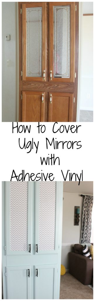 Fun and Easy tutorial on how to use Adhesive Vinyl to cover outdated mirrors! Can't believe the difference- and for under $6!