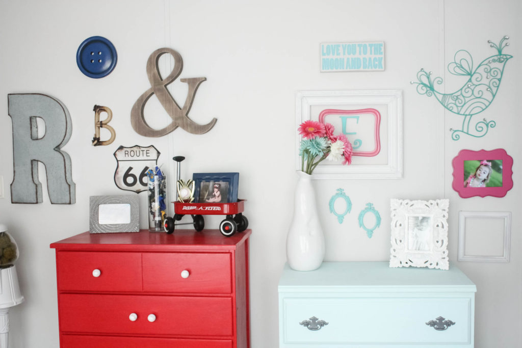 Little Girl's Small Chest Makeover with chalk paint and spray painted hardware, along with a peek into the shared boy and girl room gallery wall combination