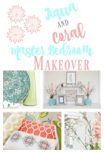 Amazing transformation of a dark and dreary master bedroom into an aqua and coral bright oasis!