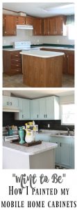 Mobile Home Cabinet Makeover using Mint to Be by Valspar! Get the ins and outs of how I painted these cabinets and made them go from DRAB to FAB!