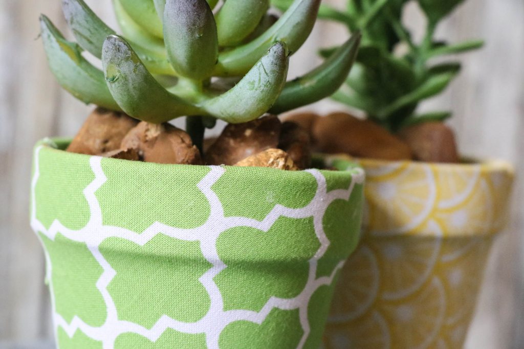 Super cute DIY Fabric Covered Flower Pots with Dollar Tree materials and cute little succulents! This is ADORABLE!