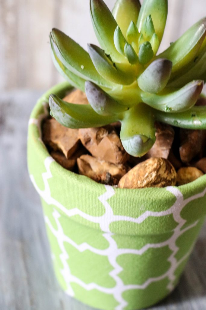 Super cute DIY Fabric Covered Flower Pots with Dollar Tree materials and cute little succulents! This is ADORABLE!