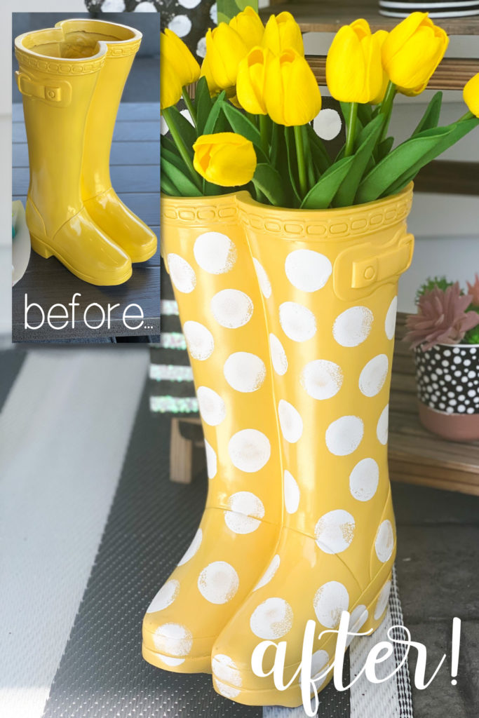 yellow rubber boot flower planter from big lots painting on white polka dots