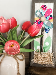 diy fabric flower sign with pink tulips on coffee bar