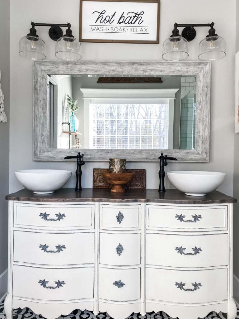 master bathroom dresser turned vanity