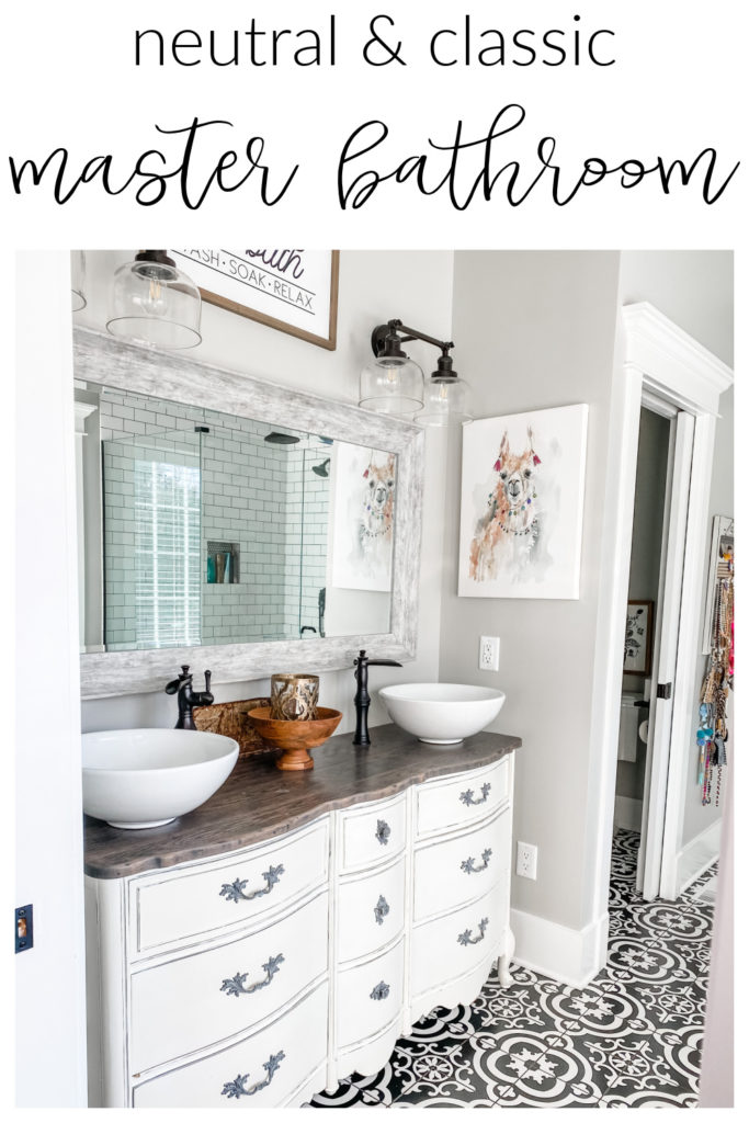 pinterest image of neutral and classic master bathroom