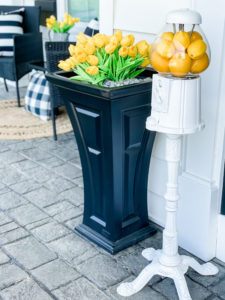 yellow tulips in black planters