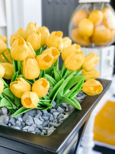 yellow tulips in black planters