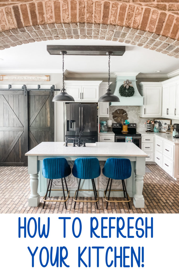 blue barstools from wayfair inside gorgeous kitchen