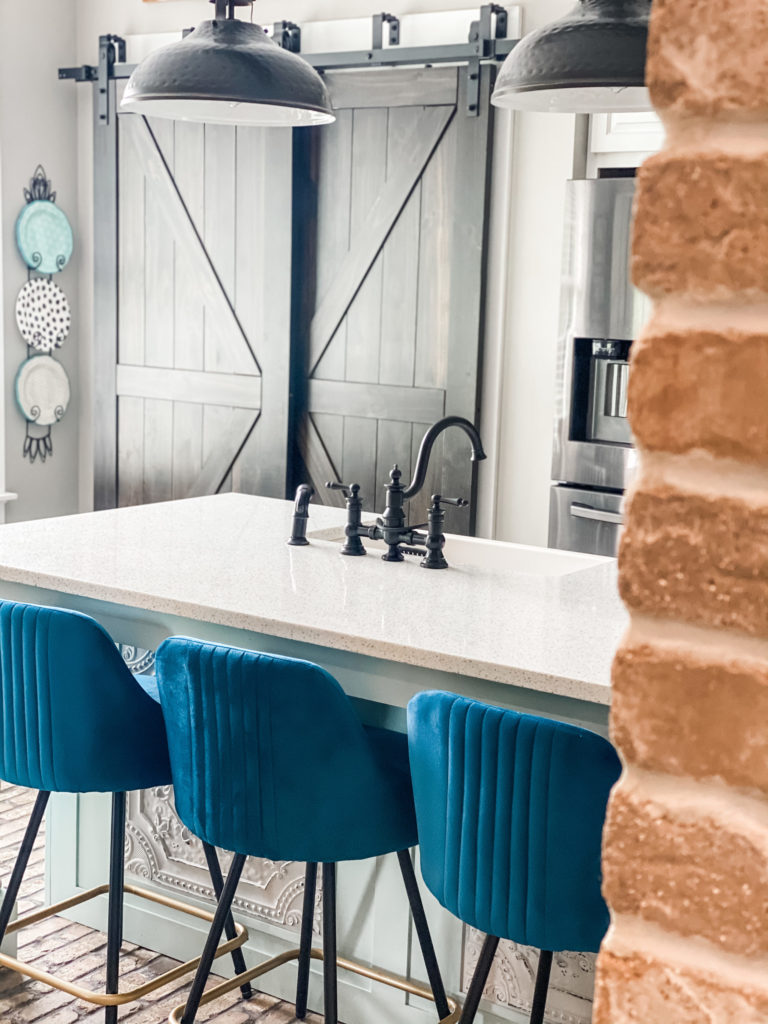 blue barstools from wayfair inside gorgeous kitchen