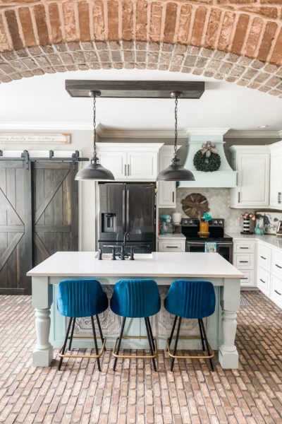 blue barstools from wayfair inside gorgeous kitchen