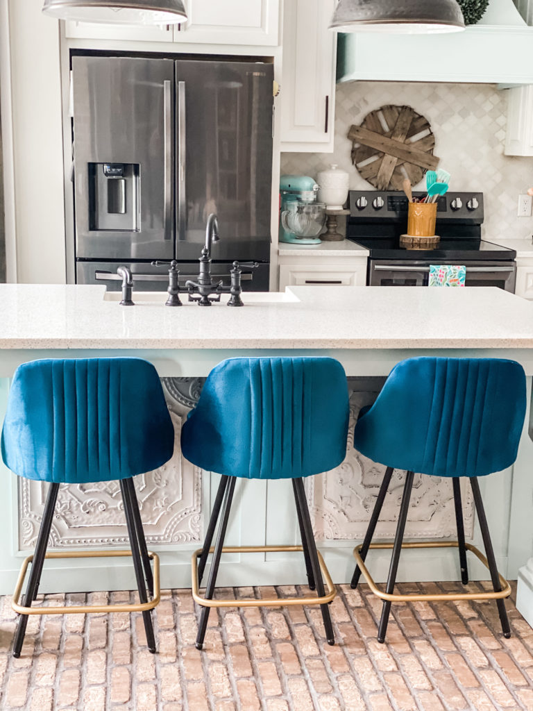 blue barstools from wayfair inside gorgeous kitchen