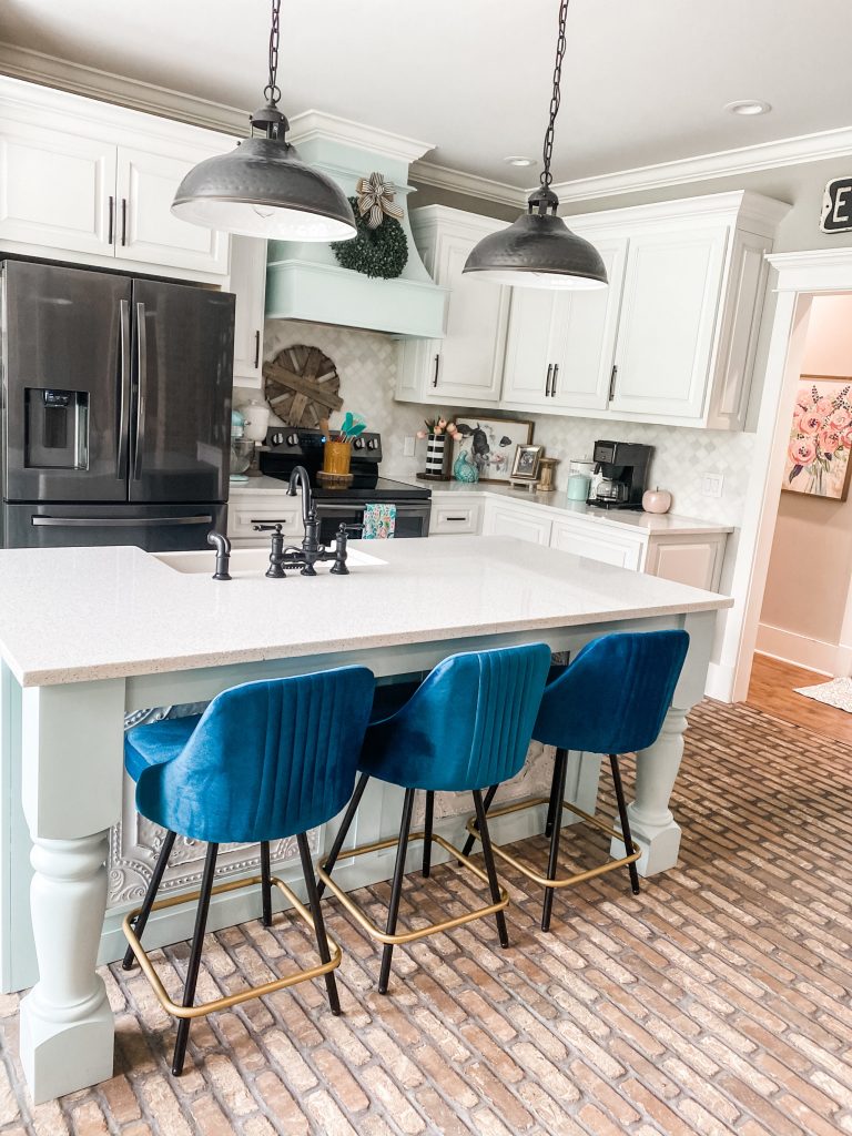 blue barstools from wayfair inside gorgeous kitchen