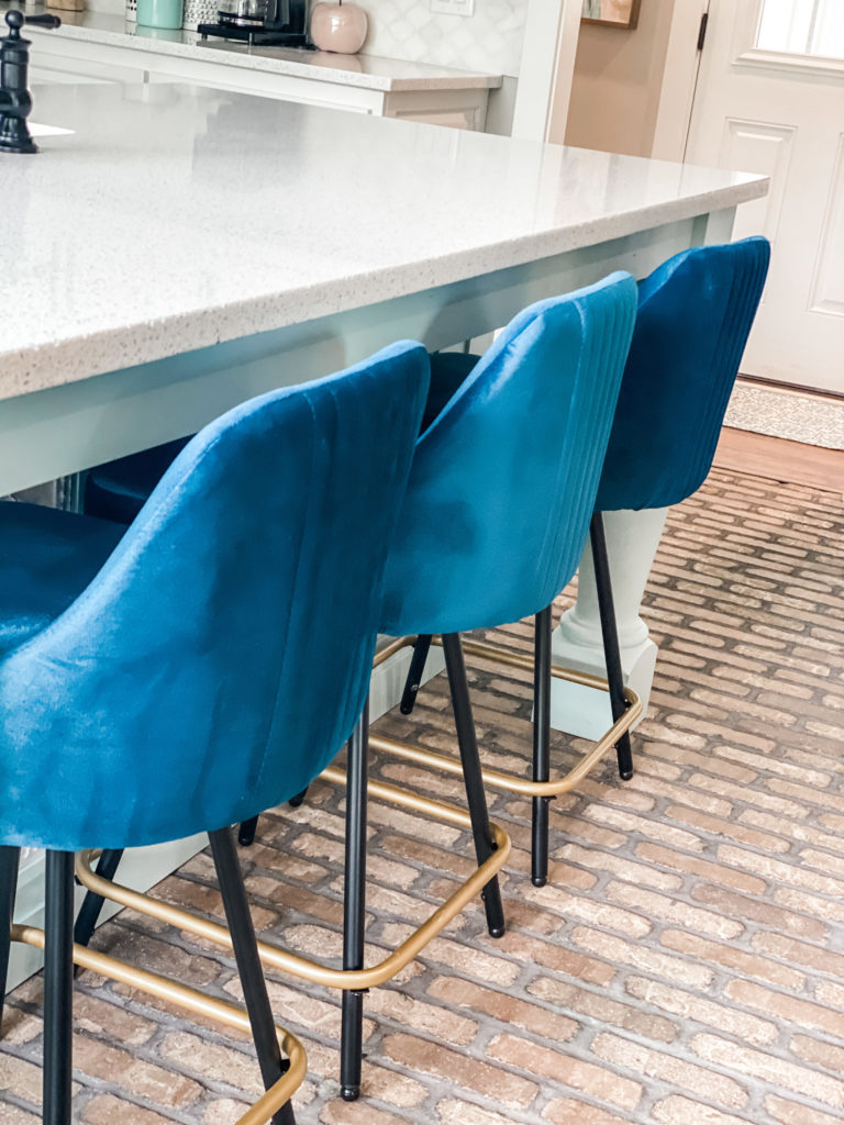 blue barstools from wayfair inside gorgeous kitchen