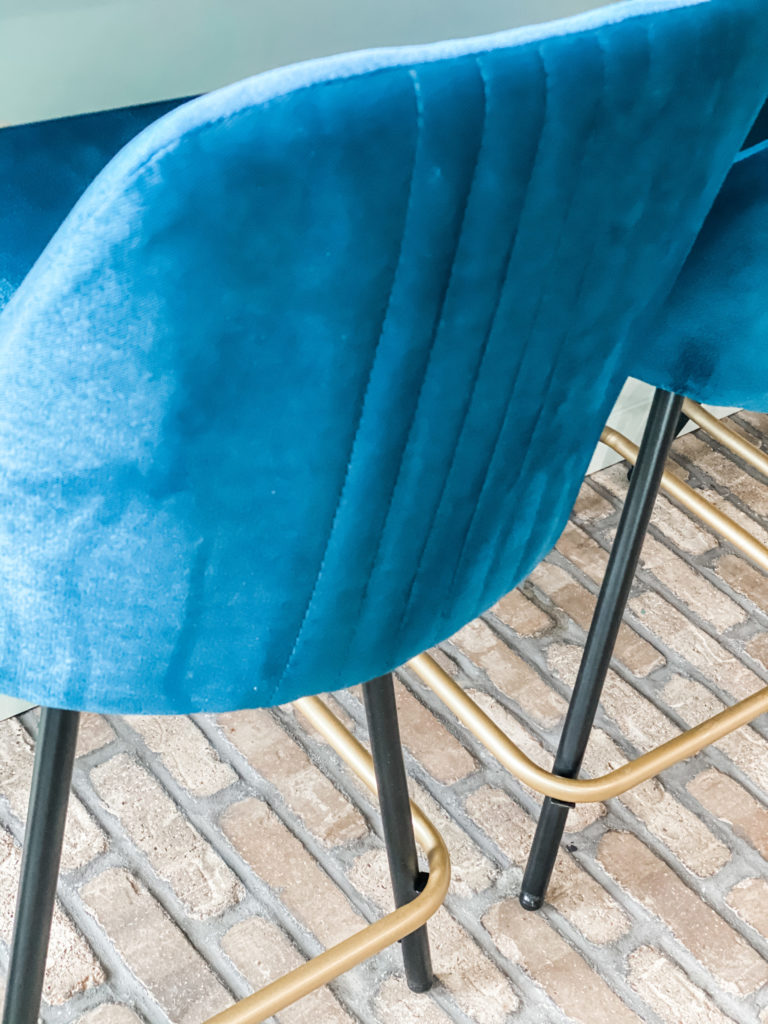 blue barstools from wayfair inside gorgeous kitchen