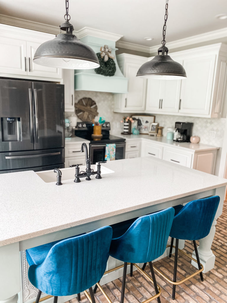 blue barstools from wayfair inside gorgeous kitchen
