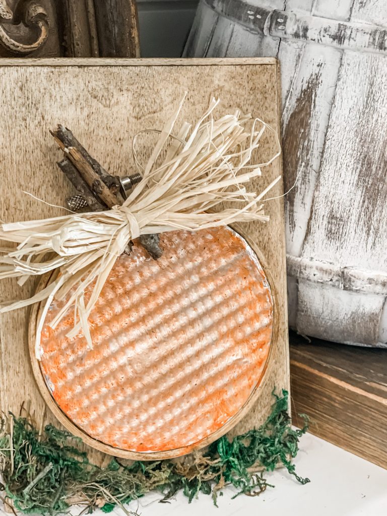 finished product of the rustic pumpkin decor