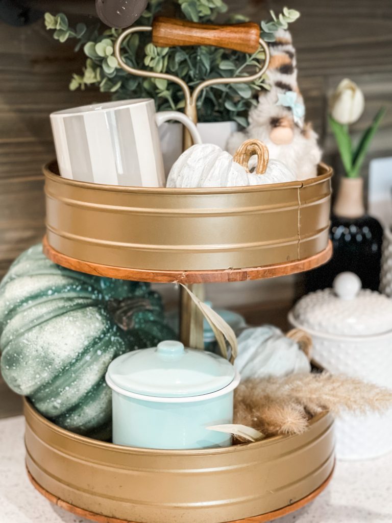 close up of tiered tray on fall coffee bar