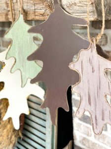 end result of the dollar tree cookie sheet leaf decor