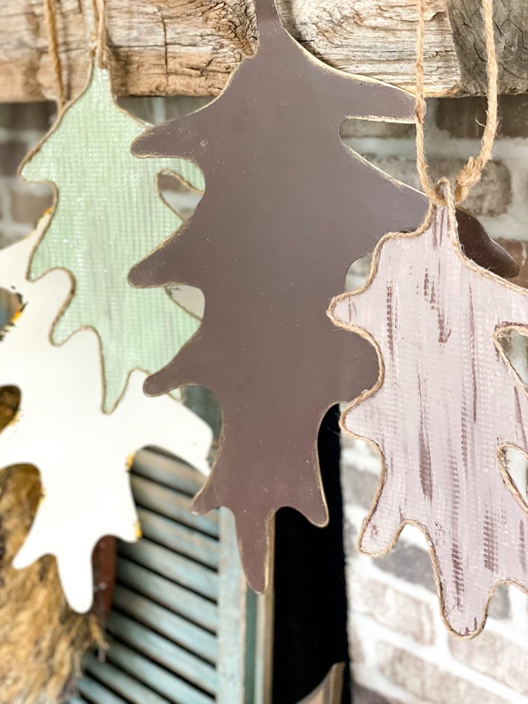 end result of the dollar tree cookie sheet leaf decor