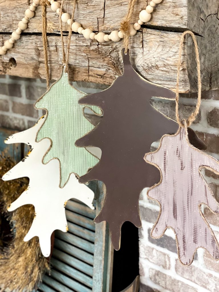 end result of the dollar tree cookie sheet leaf decor