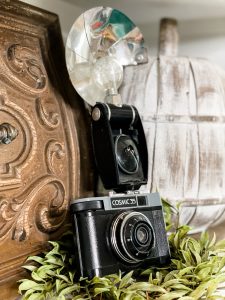 vintage camera used inside fall styled shelving