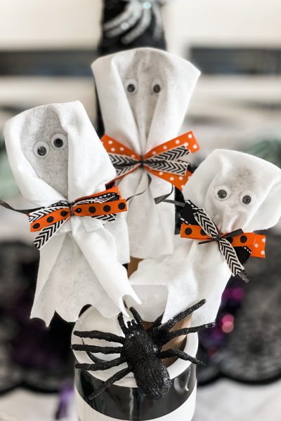 finished product of the wooden spoon ghosts