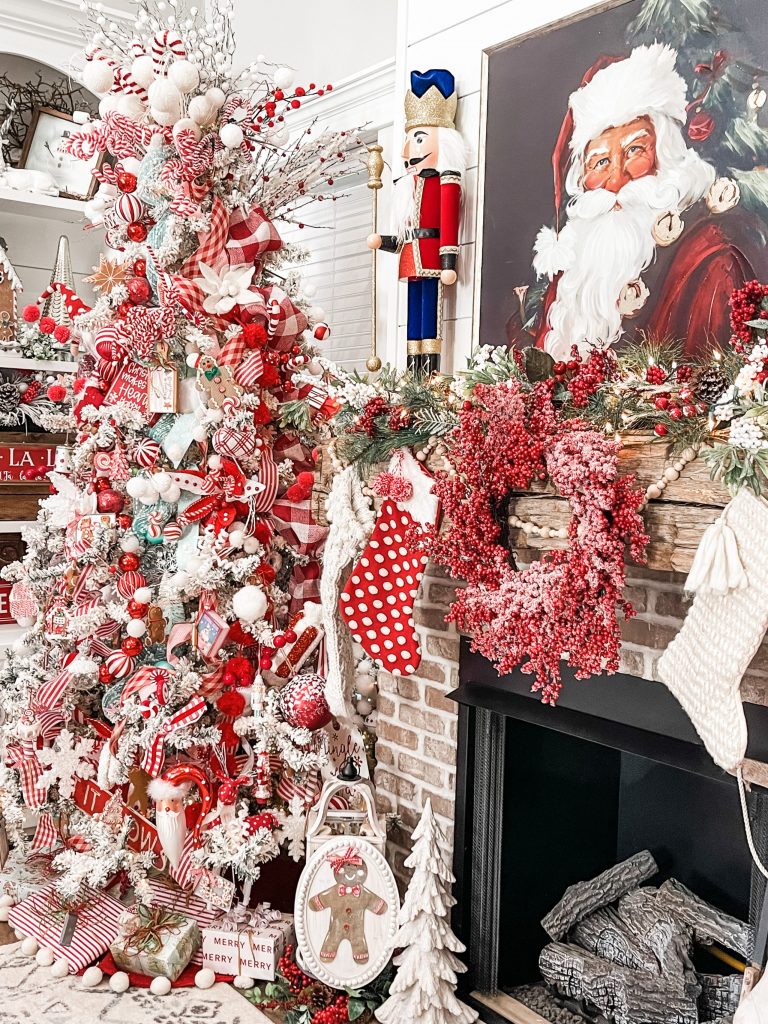 red and white living room for christmas