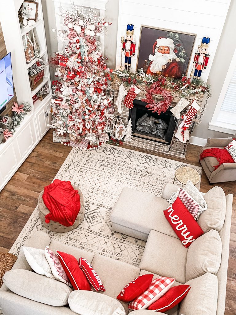 red and white living room for christmas