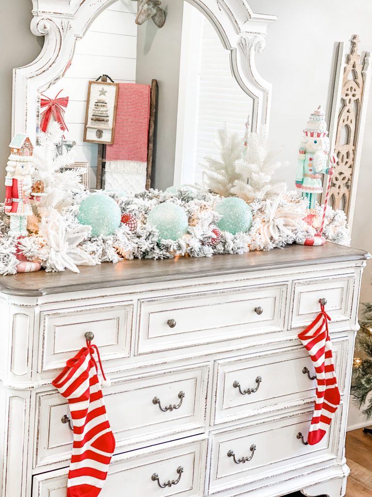 whimsical decorated dresser for christmas
