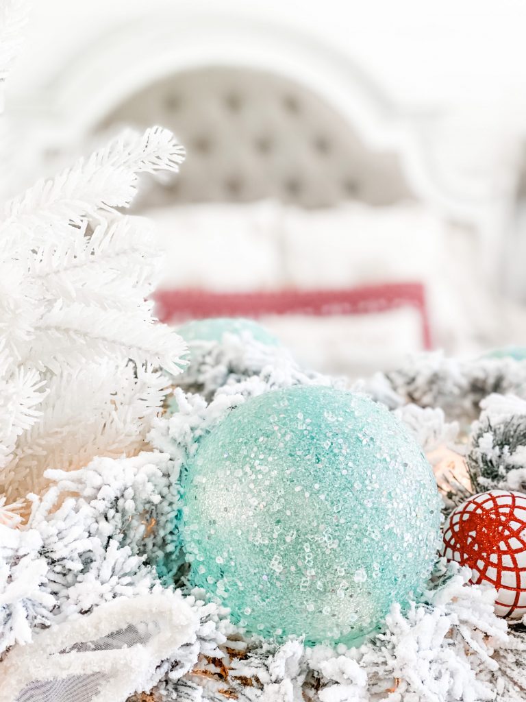 mint ornament on christmas dresser