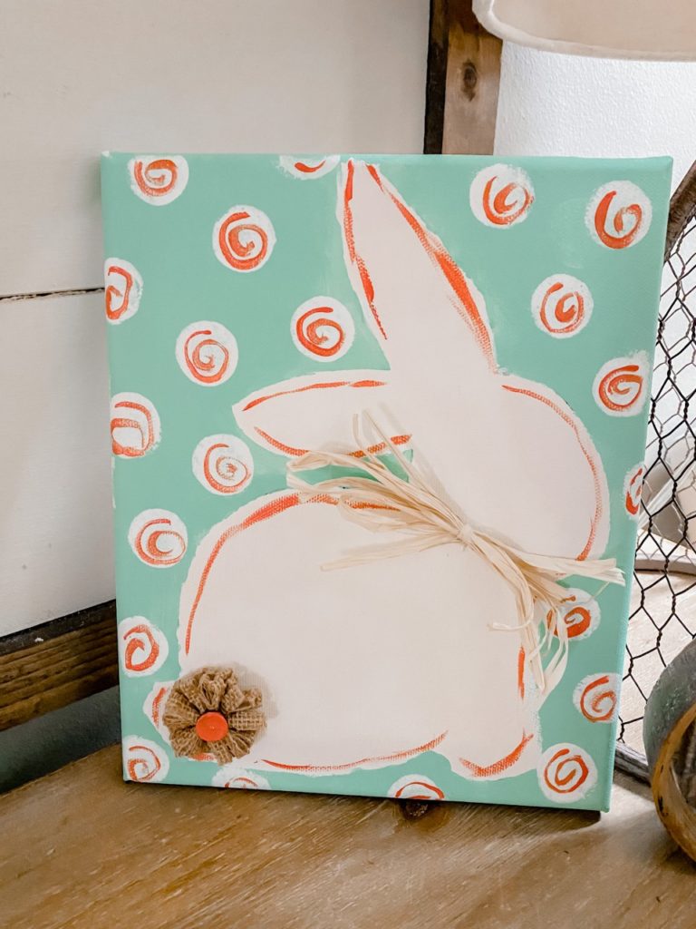 Spring Mantel Decor Idea of bunny painted on canvas