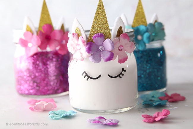 Unicorn party decor made with mason jars